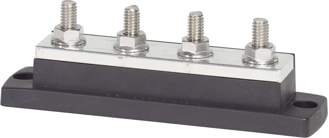 2127-BSS – BLUE SEA Busbar, 4 Stud Terminal 300 Volts AC/ 48 Volts DC 250 Amps Plastic Base With Tin-Plated Copper Bu...